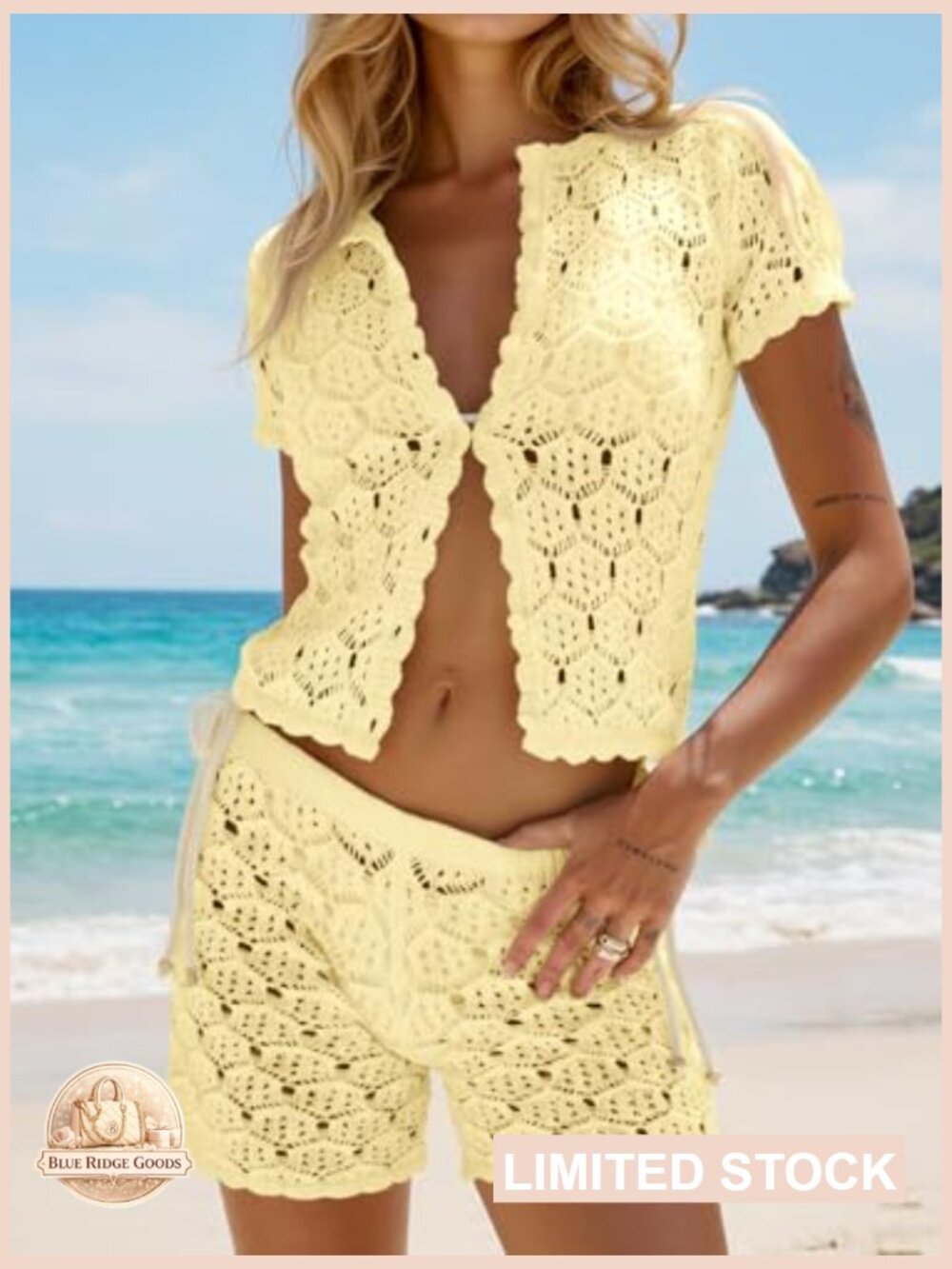 Crochet Cover Up Set Y2K Chic Beach Shorts Button Crop Top Summer Swimsuit - Picture 2 of 6